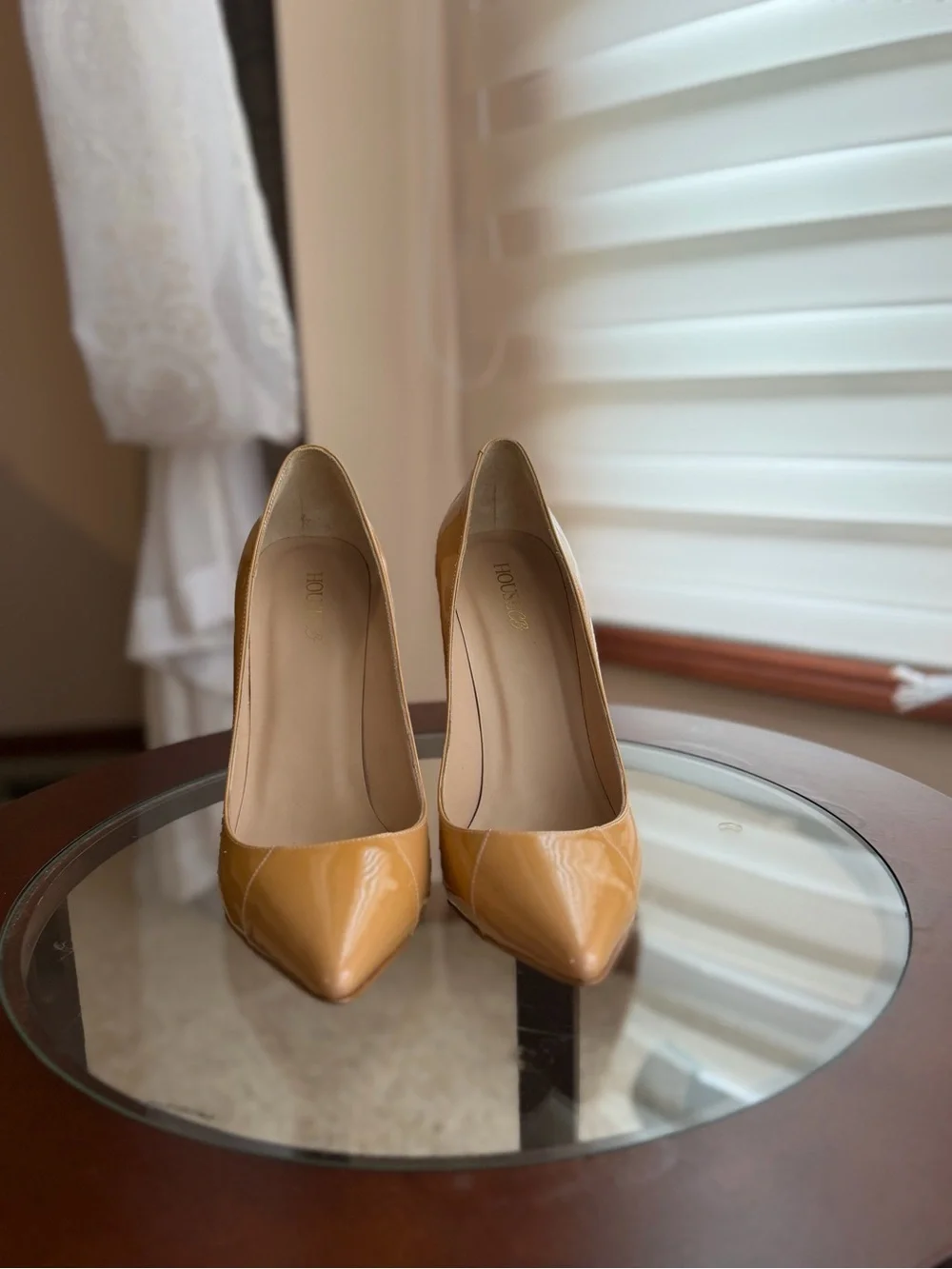 House of CB Tan Patent Pointed-Toe Stiletto Pumps